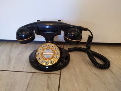 Vintage-Style Black Push Button Rotary Phone, Gold Accents, Corded