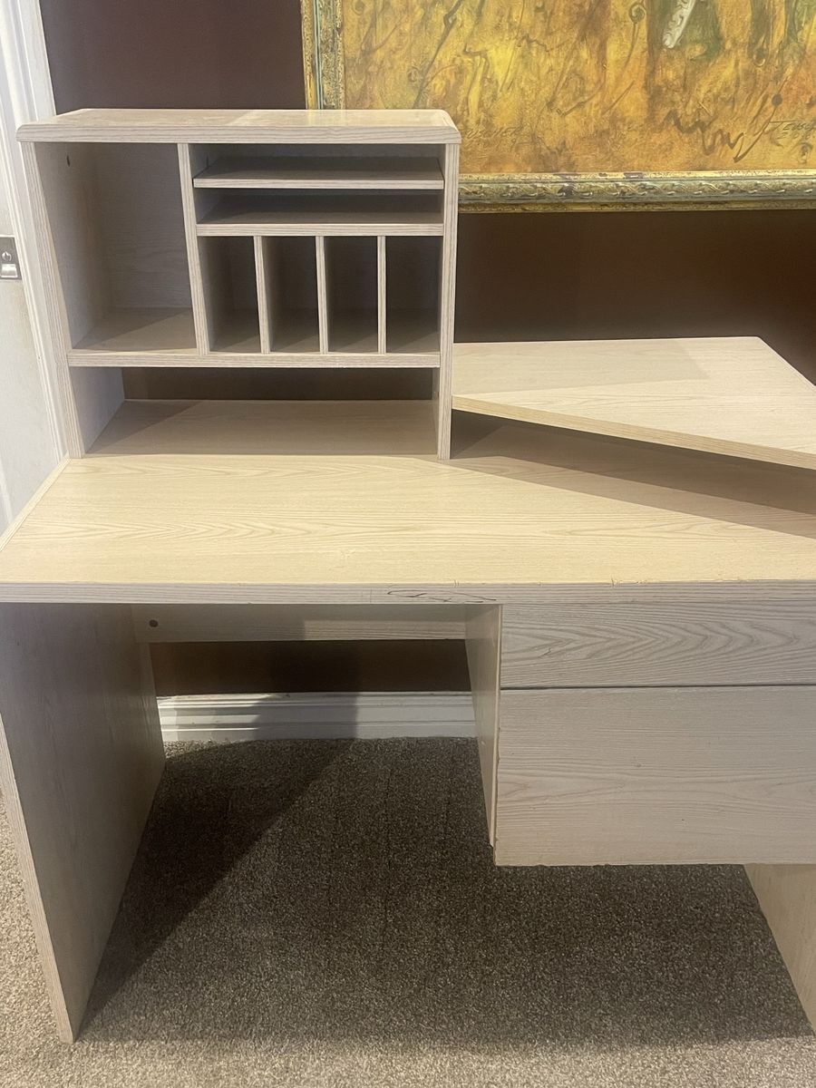 Light Woodgrain Finish Desk with Hutch and Drawer - Compact Home Office Furniture