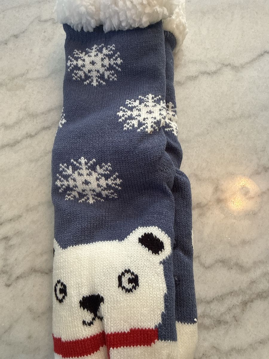Polar Bear Sherpa Fleece Lined Slipper Socks Non-Skid Grippers Blue