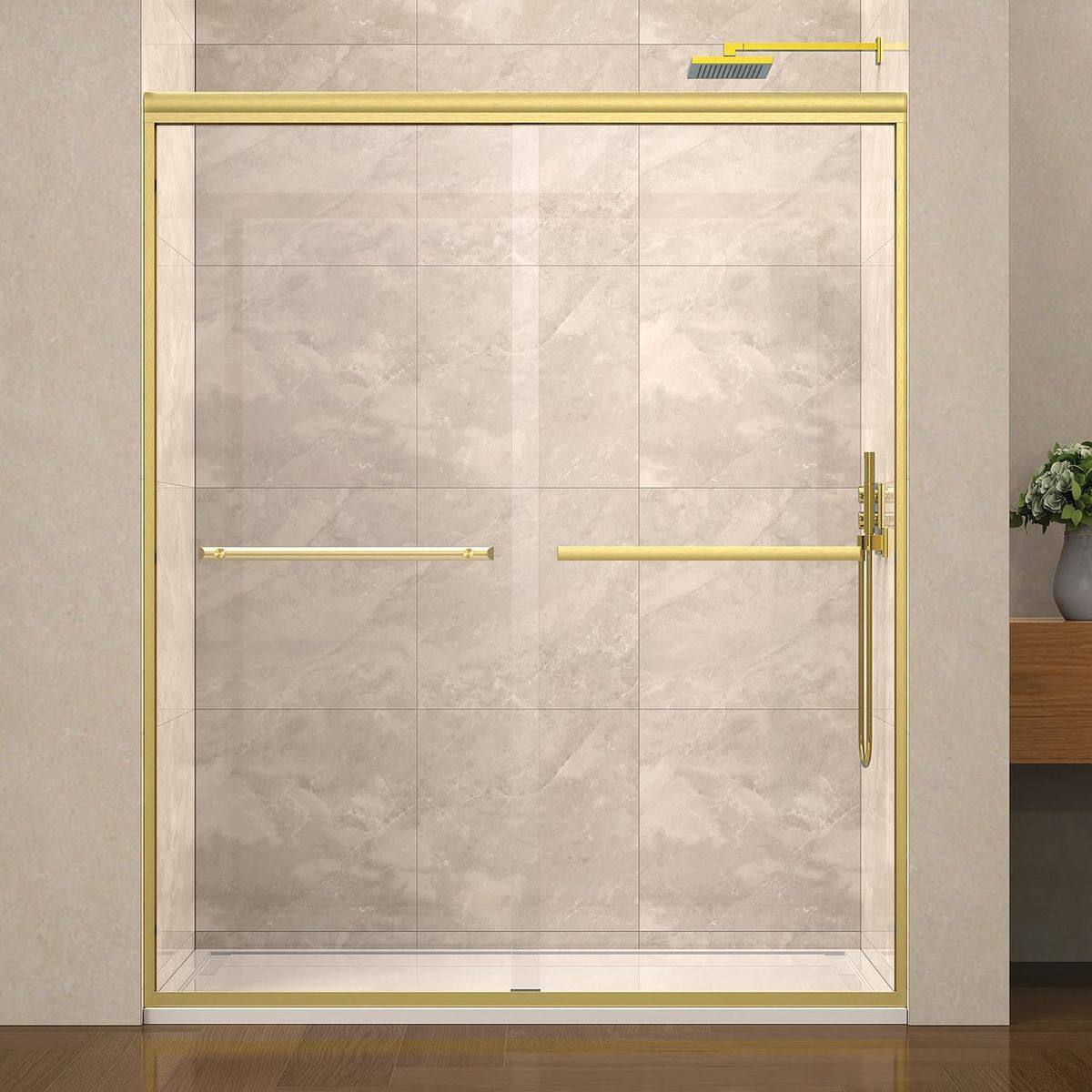 44-48" W x 72" H, Brushed Gold Double Sliding Glass Shower Door with Frame