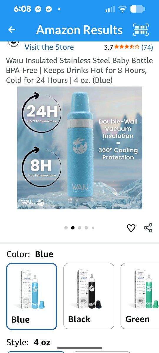 Waiu Insulated Stainless Steel Baby Bottle - 4 oz, Blue, Double-Wall Vacuum Insulation, BPA-Free
