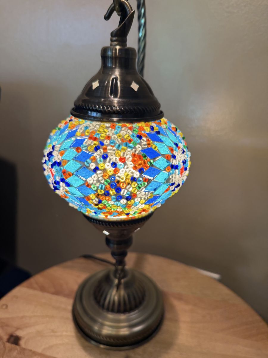 Mosaic Turkish Table Lamp - Multicolor Glass Beads & Tiles, Brass Finish, Unique Home Decor
