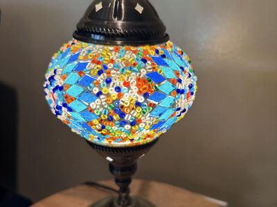 Mosaic Turkish Table Lamp - Multicolor Glass Beads & Tiles, Brass Finish, Unique Home Decor