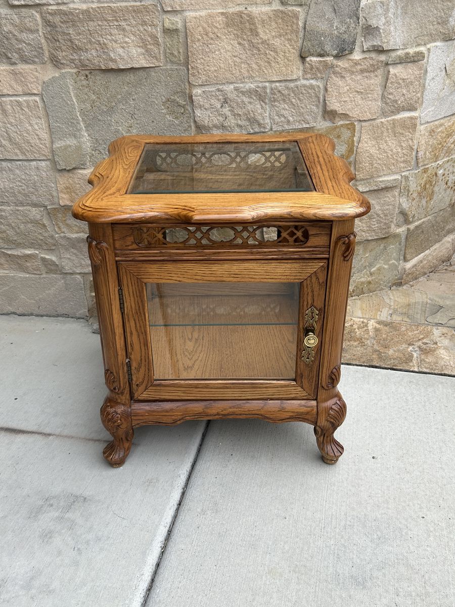 Vintage Oak Wood End Table with Glass Top and Door Display