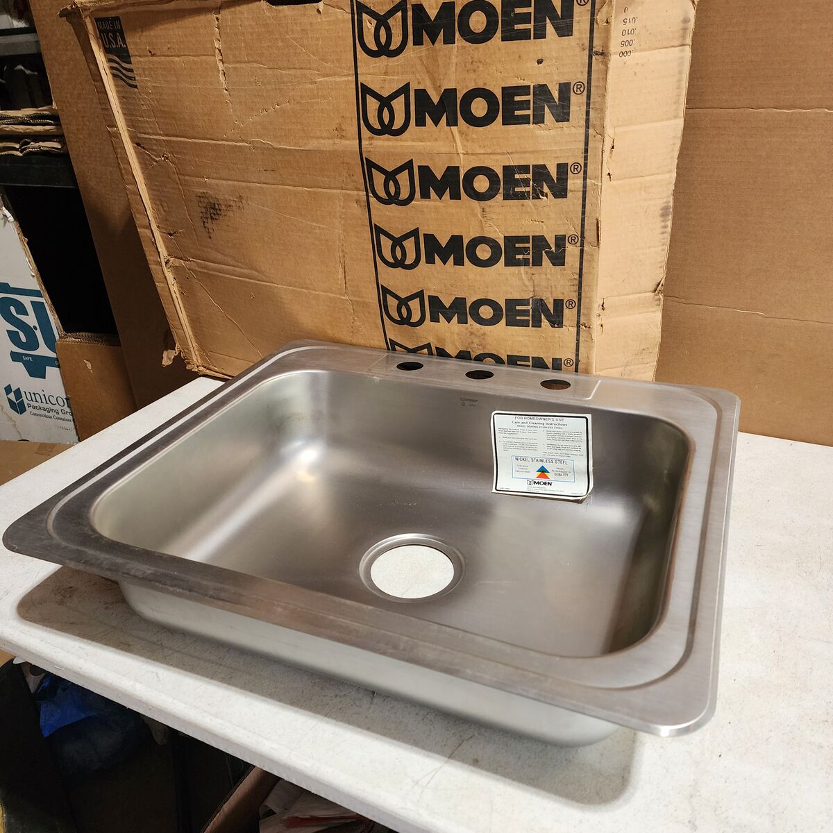 New Moen 3 Hole Faucet Stainless Kitchen Sink New - 25"x22" Rim, 21"x16" Sink, With Hardware 22911 G-2522-3
