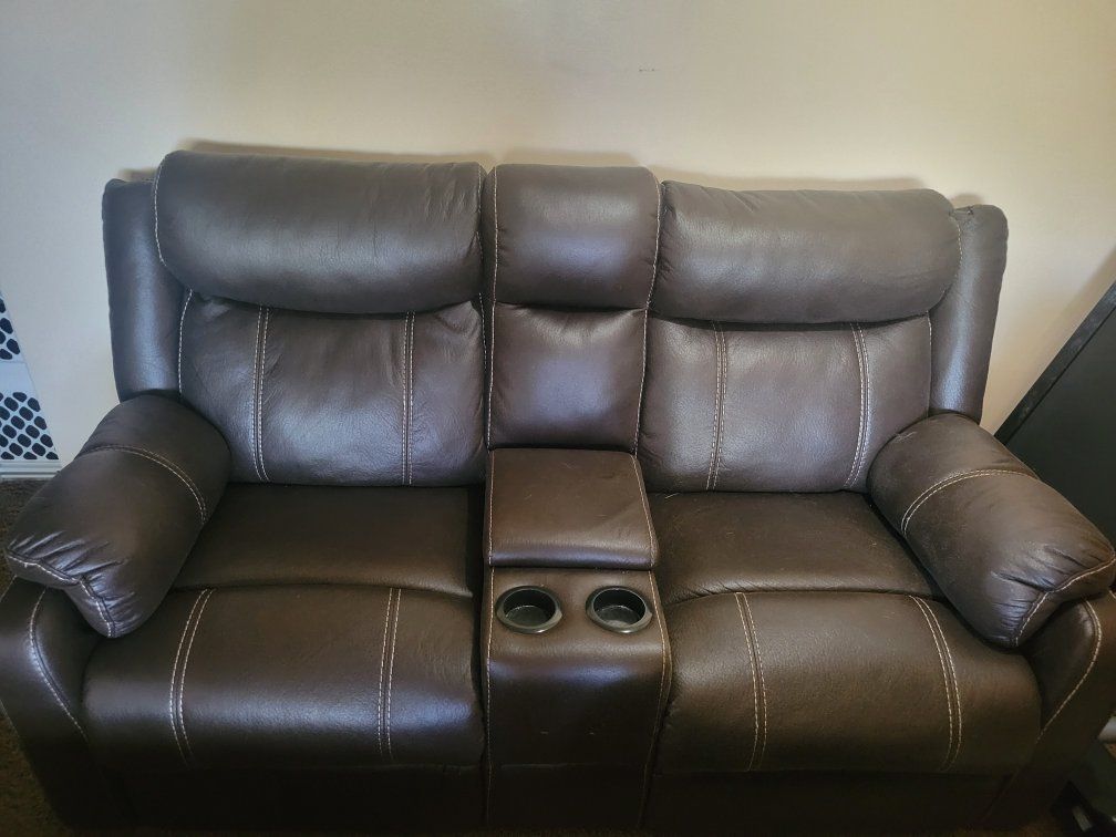 Brown Faux Leather Reclining Loveseat and couch