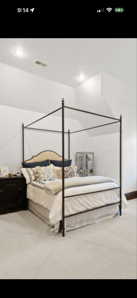 Queen size Metal Canopy Bed Frame with Upholstered Headboard