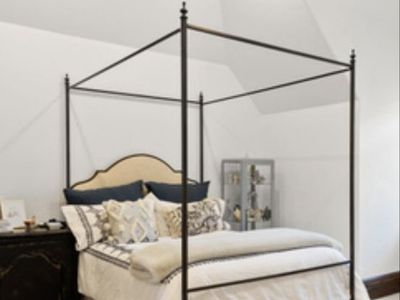 Queen size Metal Canopy Bed Frame with Upholstered Headboard