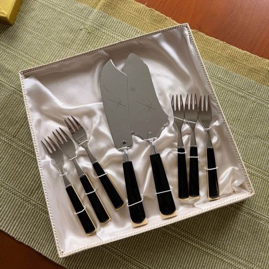 Vintage Mid-Century Modern Dessert & Cake Server Set with Black & Gold Handles - 8 Piece