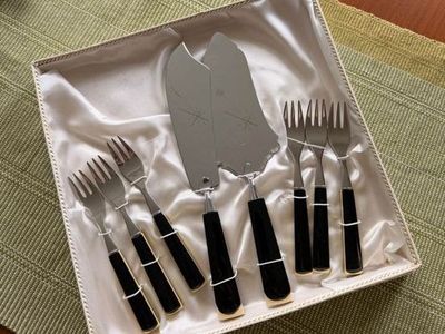Vintage Mid-Century Modern Dessert & Cake Server Set with Black & Gold Handles - 8 Piece