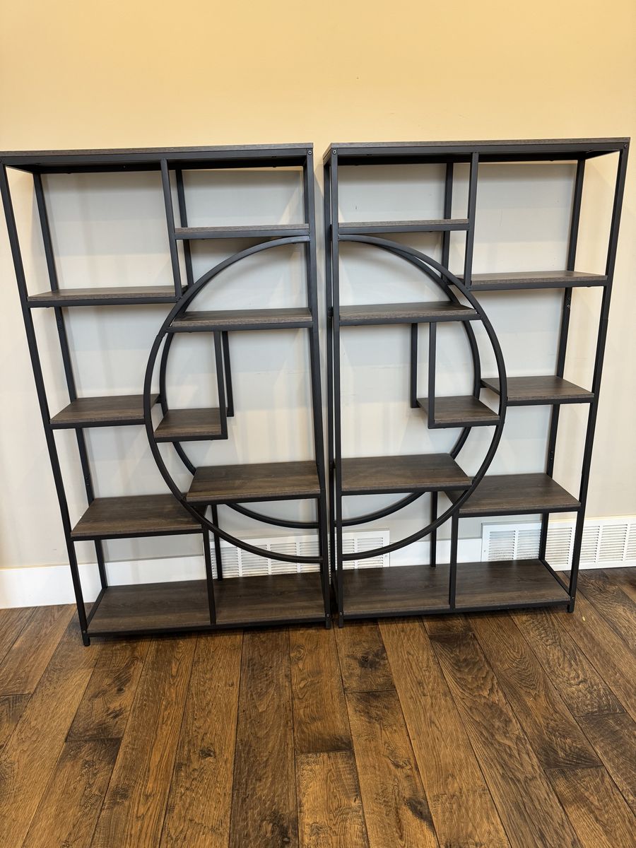 Stylish Modern Geometric Double Bookshelf / Etagere - Black Metal with Wood Shelves - Like New!