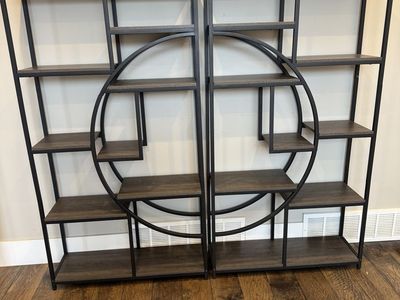 Stylish Modern Geometric Double Bookshelf / Etagere - Black Metal with Wood Shelves - Like New!