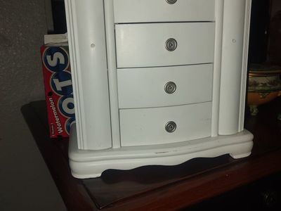 White Wooden Jewelry Box with Mirror and 4 Drawers - Elegant Storage for Rings, Necklaces, and Earrings