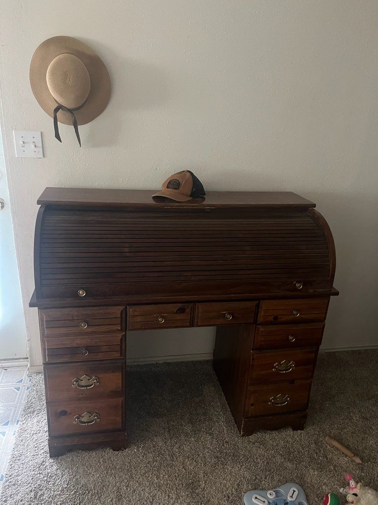 Vintage Roll Top Desk with Multiple Drawers - Dark Wood Finish