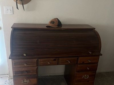Vintage Roll Top Desk with Multiple Drawers - Dark Wood Finish