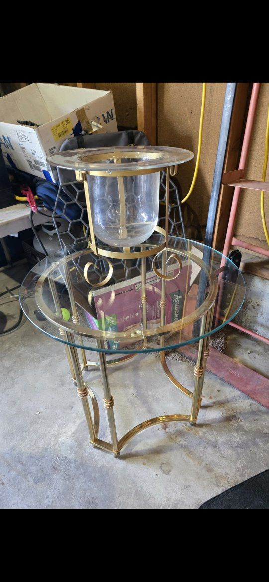 Vintage Gold Metal Round Side Table - Glass Top - 2-Tier Glam End Table