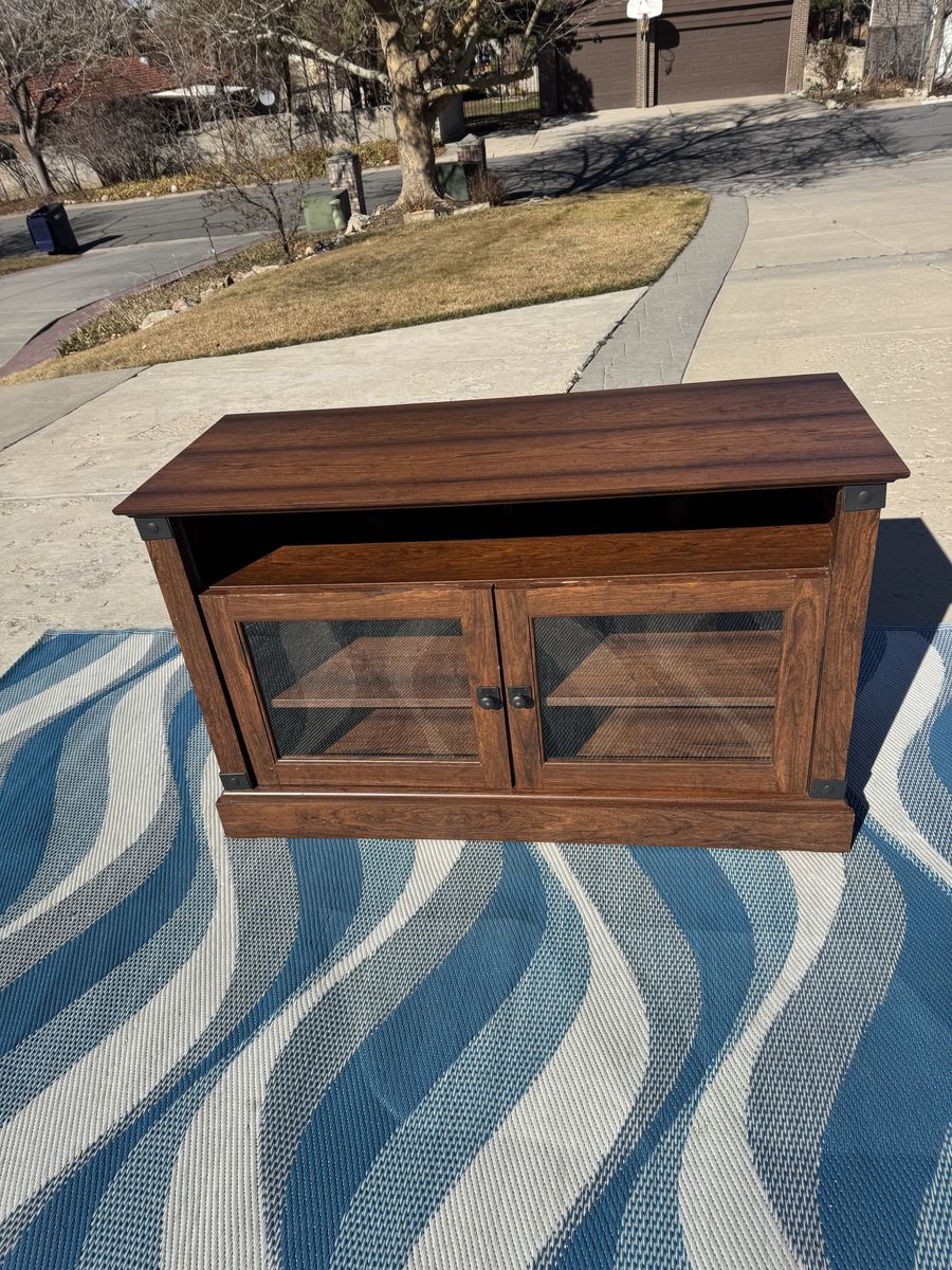 Brown TV Media Stand Wood Grain Glass