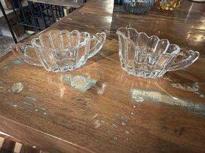 Clear Glass Scalloped Cream and Sugar Set - Vintage, Decorative Tableware