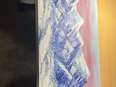 Original Hand-Painted Mountain Canvas Art - Blue and Pink Sunset Landscape