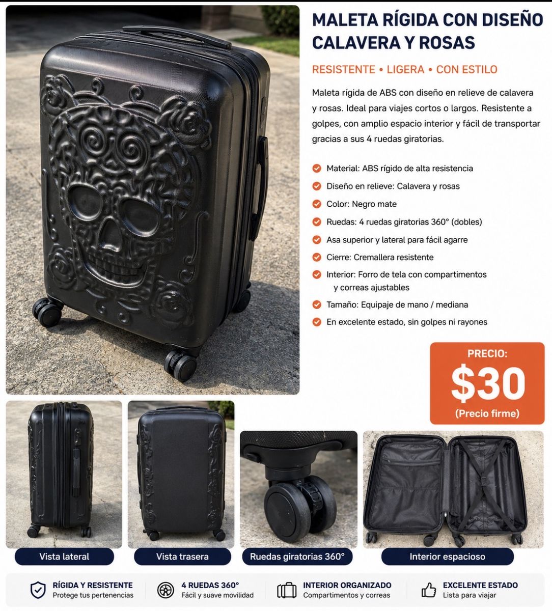 Hard Shell Carry-On Suitcase with Skull & Roses Design - 360 Spinner Wheels