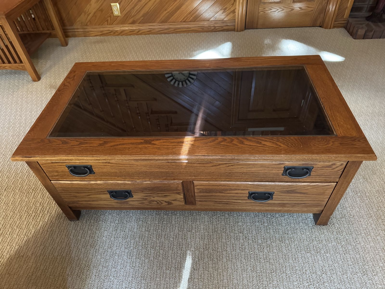 Solid Oak Glass Top Coffee Table with Storage Drawers