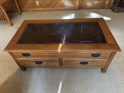 Solid Oak Glass Top Coffee Table with Storage Drawers