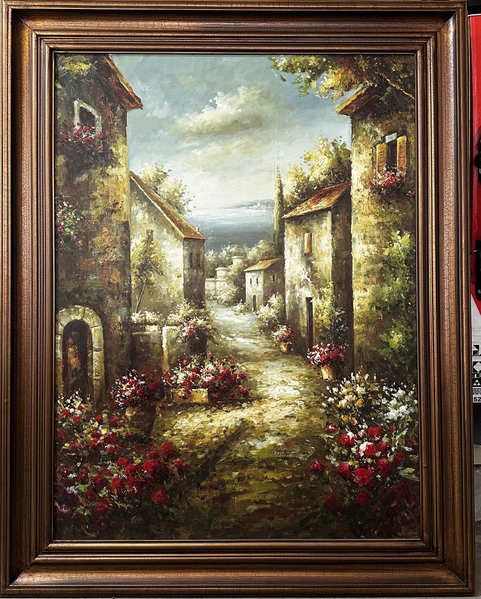 Large Tuscan Village Impasto Painting - Premium Crackle Frame - Character Piece