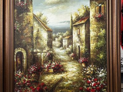 Large Tuscan Village Impasto Painting - Premium Crackle Frame - Character Piece