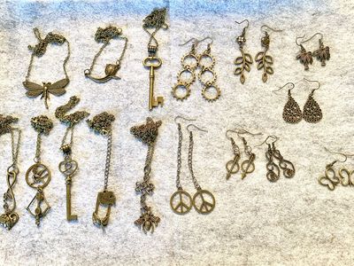 NEW Antique Bronze Necklaces & Earrings - Bee, Dragonfly, Key, Hunger Games, Peace Sign & More $4-$10
