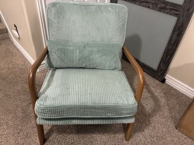 Mid-Century Modern Corduroy Accent Armchair with Wooden Frame & Lumbar Pillow - Light Blue/Green