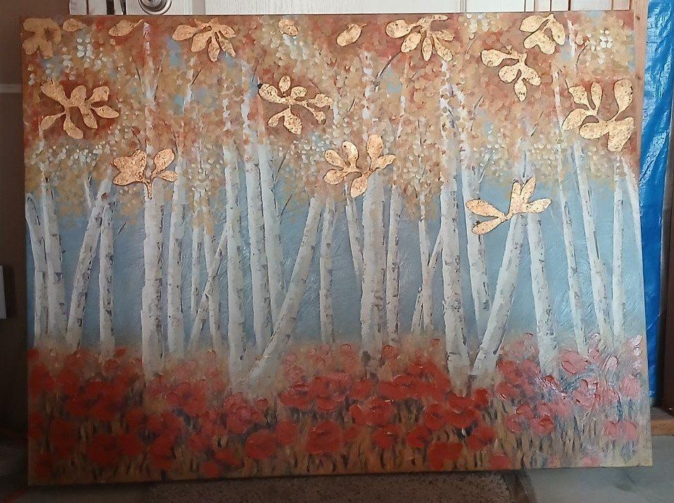 Large Birch Tree Forest Painting with Gold Leaf Accents and Two Matching Poppy Pillows