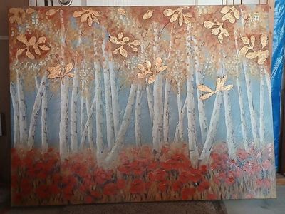 Large Birch Tree Forest Painting with Gold Leaf Accents and Two Matching Poppy Pillows