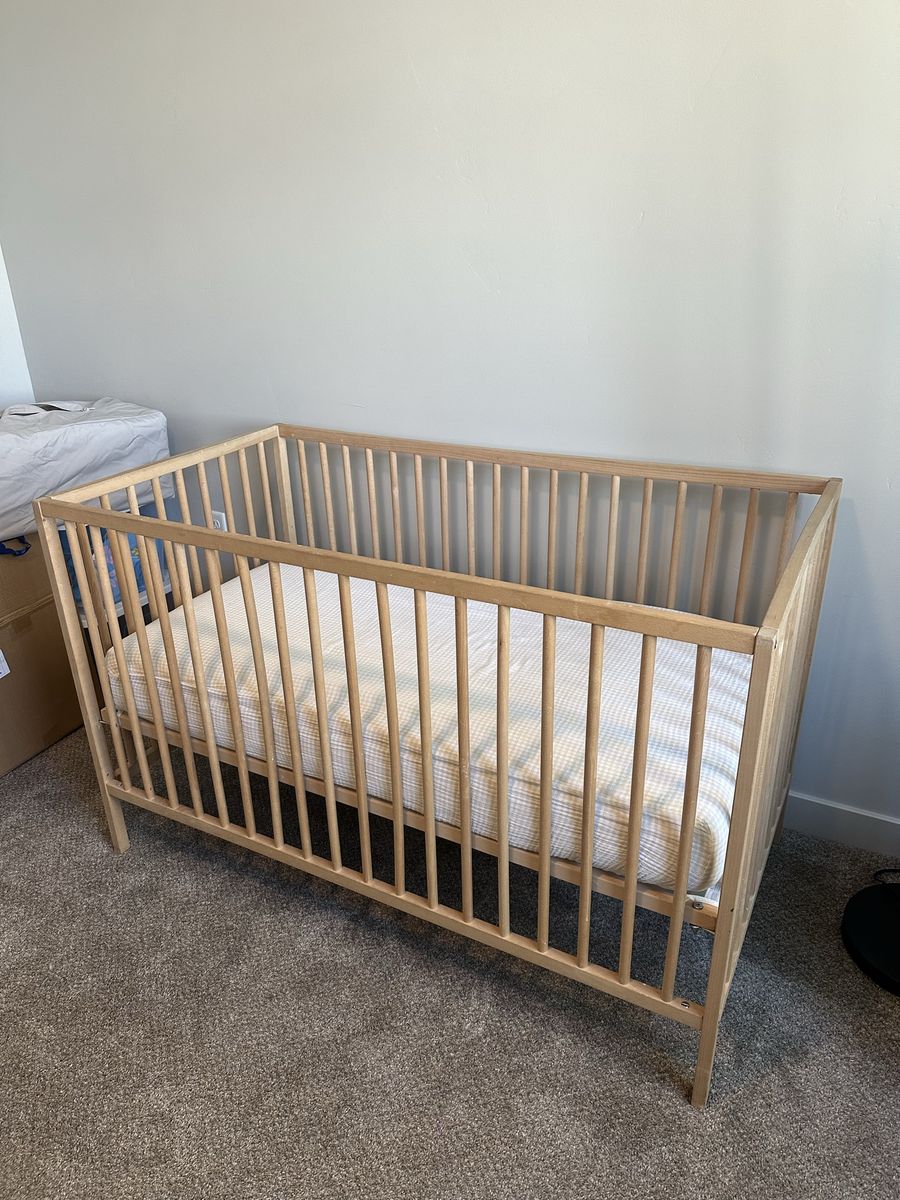 IKEA Sniglar Wood Baby Crib, Adjustable Height, Natural Wood Finish