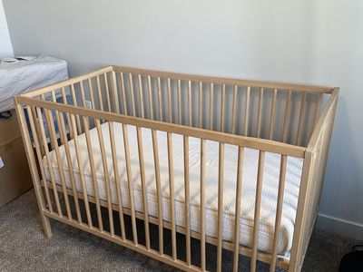 IKEA Sniglar Wood Baby Crib, Adjustable Height, Natural Wood Finish