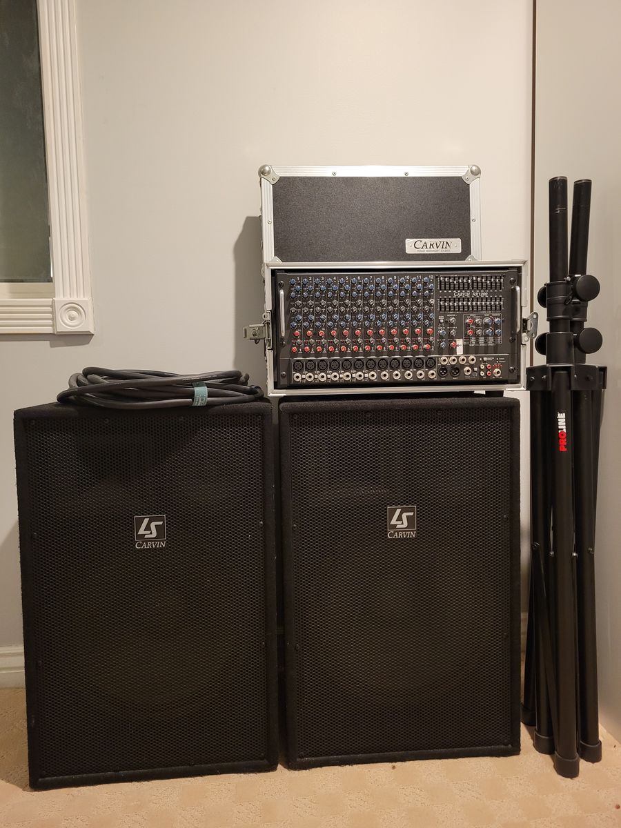 Complete 1200W PA system with mixer, speakers, stands, and cables
