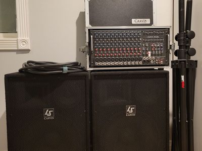 Complete 1200W PA system with mixer, speakers, stands, and cables