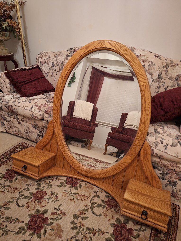 Solid Oak Real Wood Beveled Table Top Mirror Vanity Brown