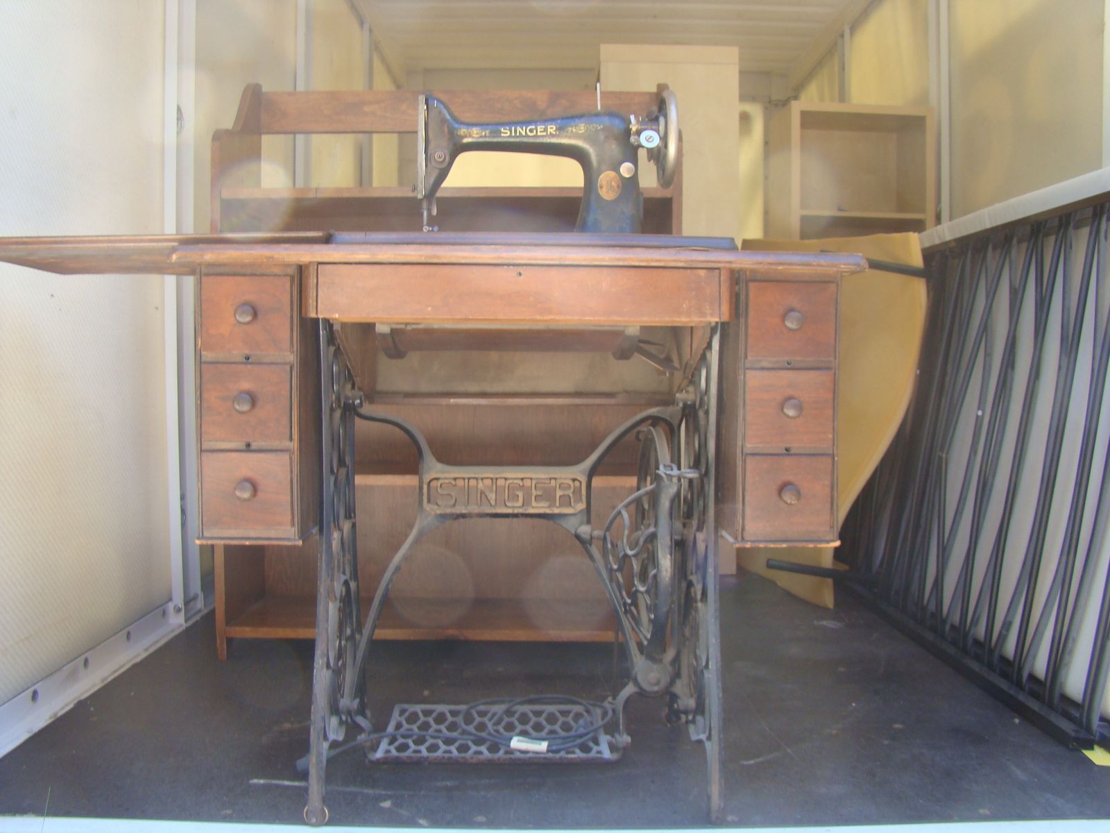 Vintage Singer Sewing Machine Model 66 Red Eye Treadle w/ Cabinet & Accessories