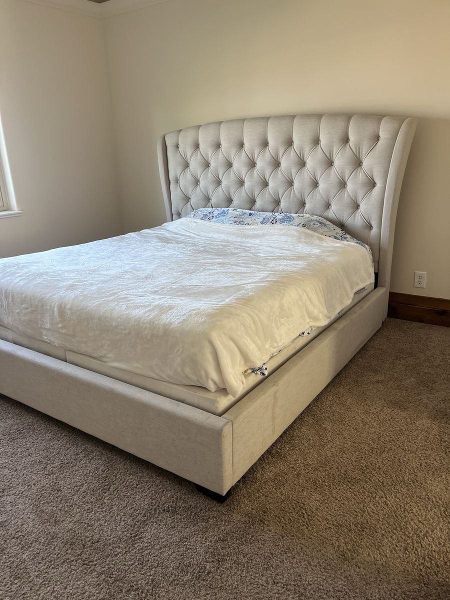 King Size Upholstered Platform Bed Frame with Tufted Headboard - Light Beige