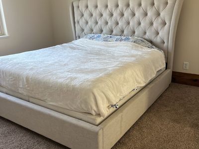 King Size Upholstered Platform Bed Frame with Tufted Headboard - Light Beige