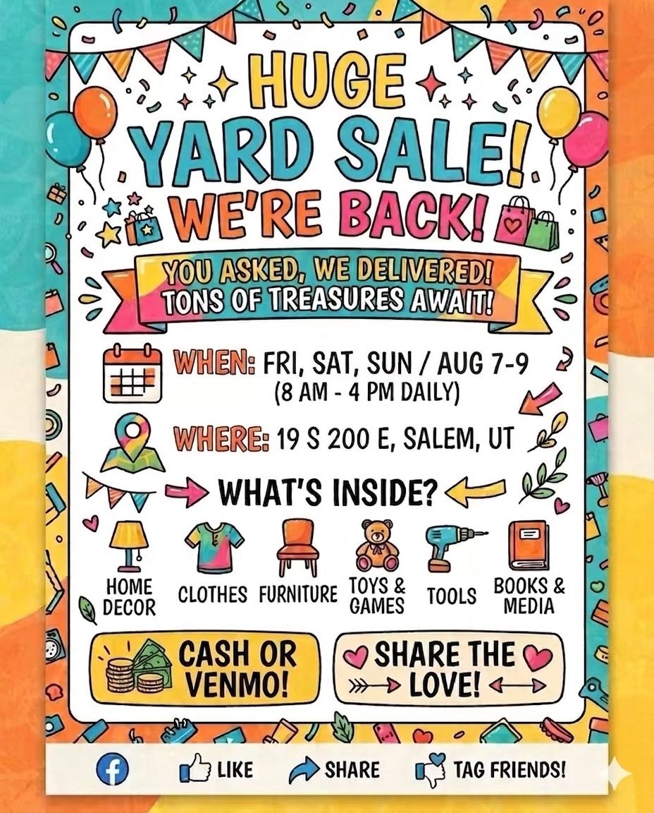 Huge Yard Sale in Salem, UT - Aug 7-9 (8 AM - 4 PM)