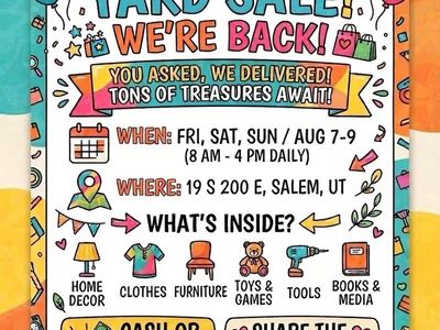 Huge Yard Sale in Salem, UT - Aug 7-9 (8 AM - 4 PM)