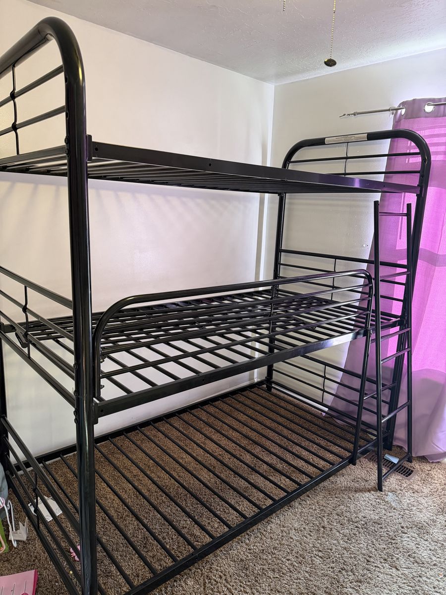 Black Metal Triple Twin Bunk Bed with Ladder - Space Saving Design
