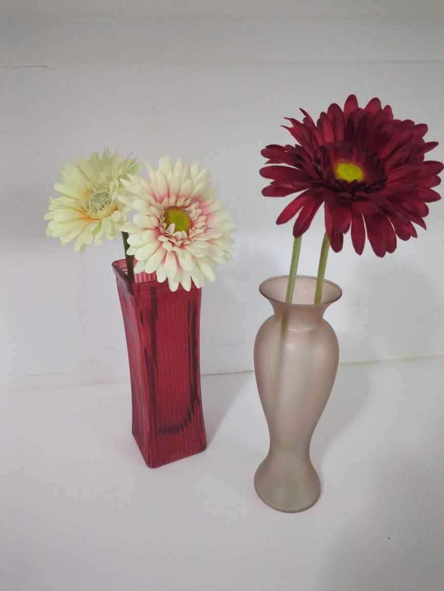 Set of 2 Decorative Glass Vases - Red Ribbed Rectangular Vase and Frosted Bud Vase