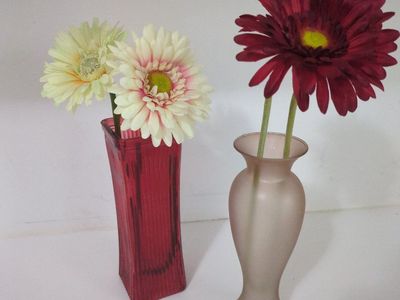 Set of 2 Decorative Glass Vases - Red Ribbed Rectangular Vase and Frosted Bud Vase