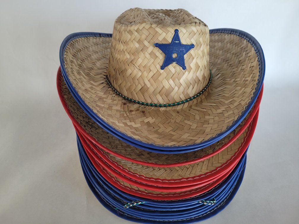 Kids Straw Cowboy Hats with Sheriff Badges - Red & Blue Trim (Set of 14)
