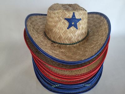 Kids Straw Cowboy Hats with Sheriff Badges - Red & Blue Trim (Set of 14)