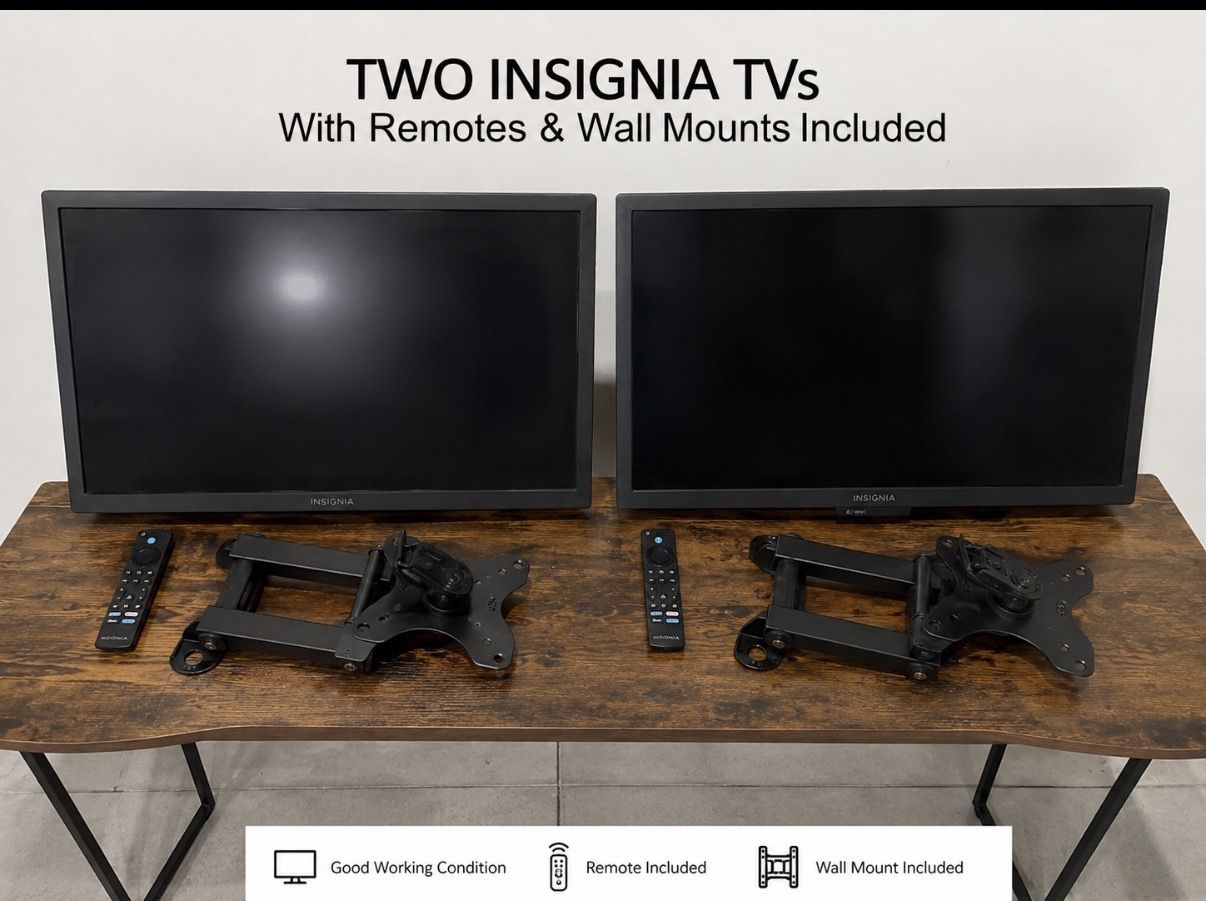 2 24 inch Insignia TVs with Remotes & Wall Mounts Included - Good Working Condition