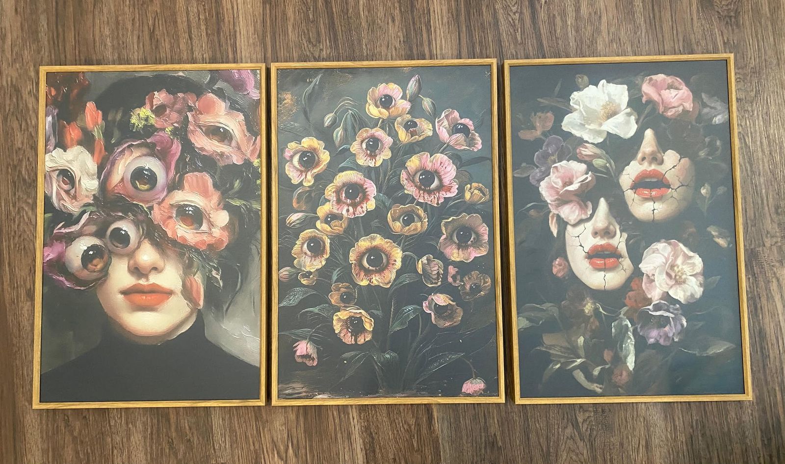 16" x 24" 3 Piece Framed Artwork - Bloom of Watchful Eyes, Surreal Floral Portrait Set