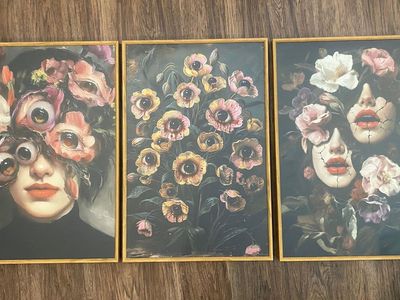 16" x 24" 3 Piece Framed Artwork - Bloom of Watchful Eyes, Surreal Floral Portrait Set